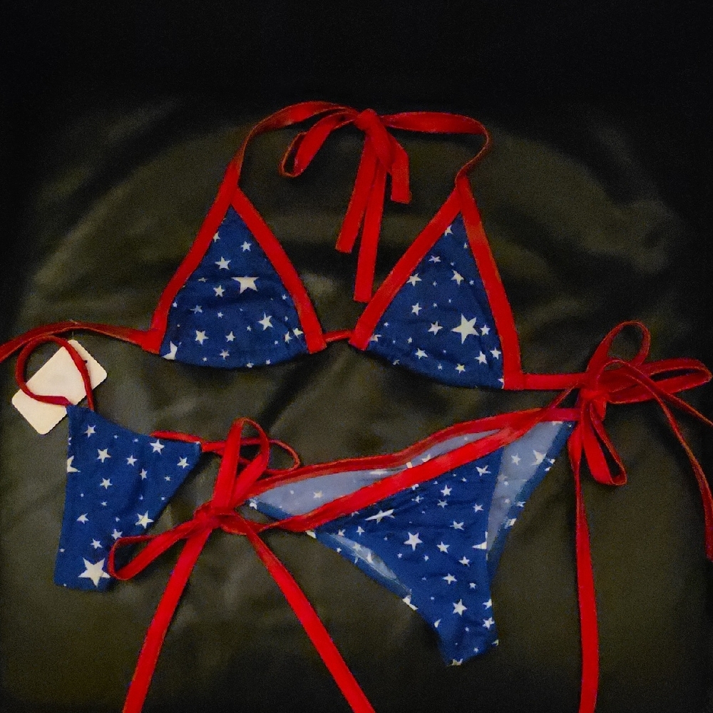 Sexy American Flag Bikini Swimsuit With Brazillian Bottom And Thong Combo 3Piece